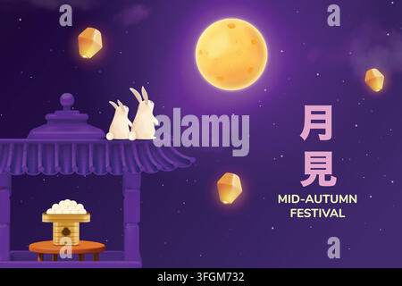 3D Cute Jade Rabbits With Rice Dumplings or Dango, Lanterns and Moon On Purple Background. Tsukimi Festival Banner Vector Illustration for Greetings, Stock Vector