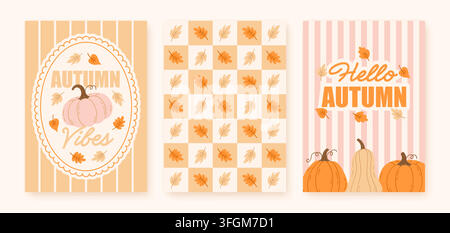 Hello autumn and autumn vibes poster set with pumpkins, leaves, and checkered pattern in pastel colors. Vector illustration Stock Vector