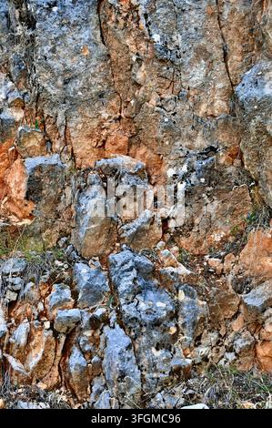 Close-up horizontal photograph of a rough stone wall surface showing weathered textures, cracks, and earthy mineral tones. Stock Photo