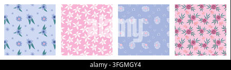 Floral pattern. Cute ditsy flower seamless print, mini small daisy as little pastel liberty. Tiny hand drawn spring leaf. Decor textile, wrapping paper, wallpaper. Background for fabric. Vector set Stock Vector