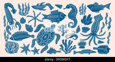 Summer icons. Hand drawn sea tropical beach, doodle ocean water shape for marine italy vintage poster. Underwater shells, wildlife sea plants. Decorative nature stickers. Vector isolated illustration Stock Vector