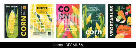 Corn pattern. Maize or cob cereal background, agriculture farm vegetables. Abstract plant harvest with tomato. Seasonal promotion, and fresh food marketing. Vector geometric vertical posters set Stock Vector