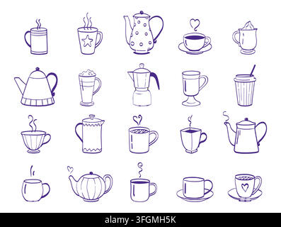 Outline coffee cup. Hand draw cafe mug, doodle drink logo sketch or hot morning tea for takeaway menu, cafe menu elements, kitchen drink in teapots. Vector icons, flat style isolated illustration Stock Vector