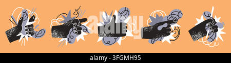 Chaos icons. Abstract cartoon hands with business or health retro digital puzzle, creative geometric stars. Expressive fists and pointing gestures. Emblems design. Vector label isolated illustration Stock Vector