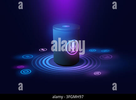 Smart speaker. Ai iot voice control with microphone, home internet device or audio product for car audio. Futuristic touch and talk. Virtual assistant technology system interaction. Vector concept Stock Vector