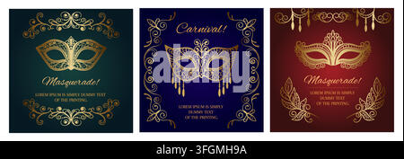 Masquerade ball. Mardi gras party mask, venice carnival costume or venetian fantasy theatrical poster templates. Elegant mask invitations with gold ornamental frames, stationery design. Vector set Stock Vector