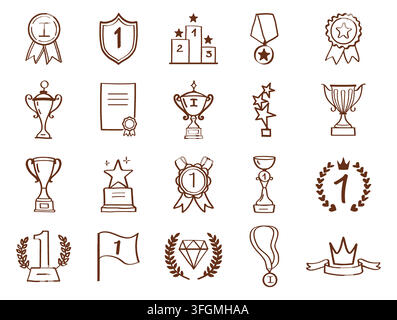 Trophy doodle. Hand drawn medal award icon, diploma or success sport cup sketch isolated elements. Winner shield, success certificate ribbons and winner symbols, achievement competition. Vector badge Stock Vector