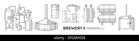 Beer engrave. Distillery still tank etch, whiskey or gin machine process. Whisky alcohol, ink woodcut. Technical industrial containers, fermenters, filters. Vector hand drawn isolated illustration Stock Vector