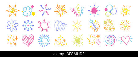 Star icons. Cute kid birthday sticker, funny spiral shape or hand drawn line marker brush sketch. Fun color symbol, hearts, spirals and confetti. Vector design, colorful doodles isolated elements set Stock Vector