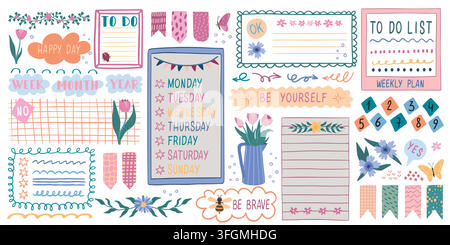 Cute diary borders. Color note sticker, arrow pencil draw for school, bullet journal. Calendar scribble sketch. Hand drawn to-do lists, week schedule, floral doodle. Vector page isolated illustration Stock Vector