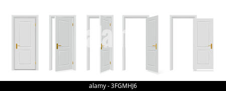 Open door in sequence. 3d white wood house hallway, empty home or apartment front arch stages. Realistic room lock, keyhole. Building apartment clean architectural isolated element. Vector doorway set Stock Vector