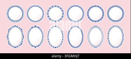 Scallop frame. Vintage floral plate border, italian oval pattern or doodle retro round shape. Wavy classic circle design. Blue ornamental round and oval plates. Vector hand drawn isolated illustration Stock Vector