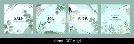 Sale banner templates. Minimal botanical promotional cards with abstract shapes and discount text, seasonal marketing design, advertising social media square graphic templates. Vector backgrounds set Stock Vector