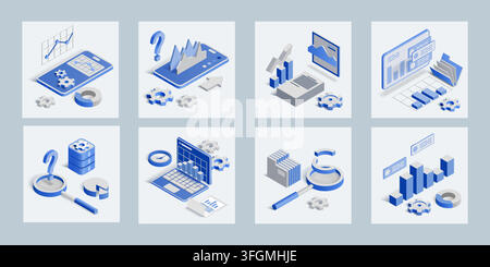 3d data icons. Finance research analysis, graph chart for business analytics. Big statistic dashboard, financial diagram. Database charts, isometric isolated elements. Square cards set. Vector design Stock Vector