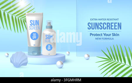 Sunscreen mockup. Summer cream product, cosmetic sun screen sale or 3d block protection as beach care, display with tropical leaves. Freshness background. Advertising banner design vector illustration Stock Vector