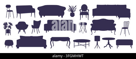 Lounge room interior. Chair, couch for interior design, sofa, modern bed objects for black home bedroom. Tables, plants and lighting icons. Black silhouette. Vector isolated furniture minimal set Stock Vector