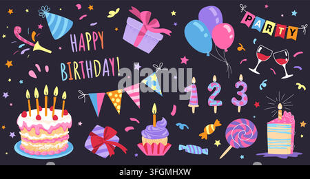 Birthday stickers set. Happy party cake, doodle balloon and gift with retro funky confetti, present and candles. Cute groovy candy. Colorful celebration vector graphic cartoon isolated illustration Stock Vector