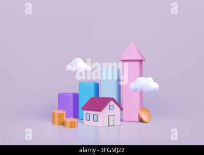 3d building. Home property, real estate mortgage or investment loan graph chart. Bank financial asset, mortgage money budget. Minimal banner design. Analytics bars. Vector render isolated elements Stock Vector