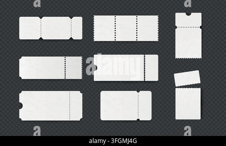 Paper ticket. 3d coupon, voucher or cinema vintage sticker as travel or movie mockup, blank discount tag frame. Minimal voucher with perforation lines template, Vector lottery shapes isolated set Stock Vector