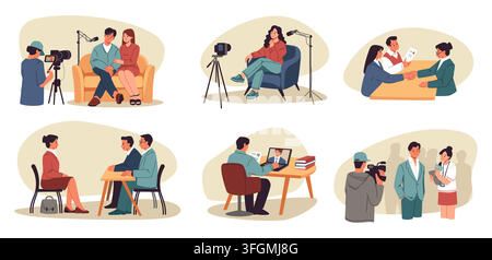 Work interview. Employee people meeting in office, business communication talk with job ceo man or recruitment, videocall with cameras and microphones. Vector cartoon flat style isolated HR concept Stock Vector