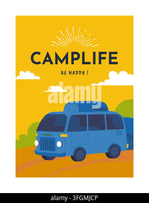 Camping van poster. Minimal banner design. Adventure travel retro vehicle on rural road, outdoor trip lifestyle and vacation transportation. Camper bus. Vector cartoon flat style isolated illustration Stock Vector