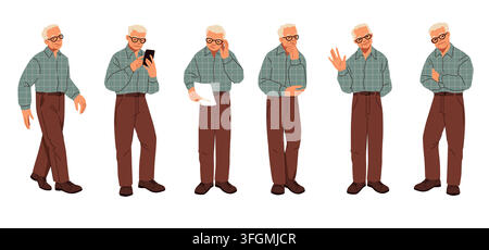 Old man. Senior people character stand worry, retiree or smile. Happy and sad adult grandfather body, male stress emotion or expression, business communication. Vector cartoon flat style isolated set Stock Vector