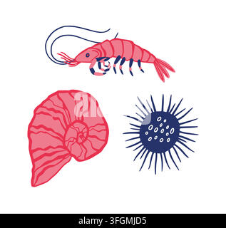 Sea creature icon set. Marine hand drawn elements, shrimp, shell and sea urchin, seafood products, ocean wildlife and nautical graphic elements. Vector cartoon flat style isolated mollusk illustration Stock Vector