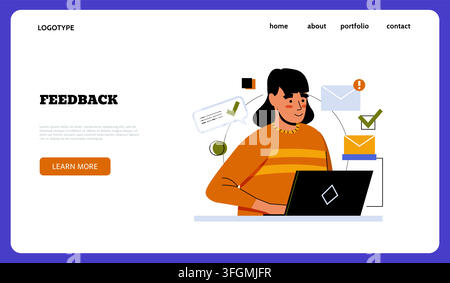 Feedback web page banner. Woman working on laptop, message and check icons, customer support communication, landing page template. Customer service. Vector cartoon flat style isolated illustration Stock Vector