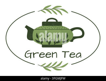 Green teapot logo. Minimal label, teapot and leaves, herbal beverage branding, natural ingredient, cafe identity and packaged tea aroma product design. Vector cartoon flat style isolated illustration Stock Vector