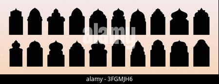 Arab arch. Indian frame shape, middle eastern gate door or architecture ornament border element. Islamic traditional mosque exterior window and doorway shapes for oriental design vector silhouette set Stock Vector