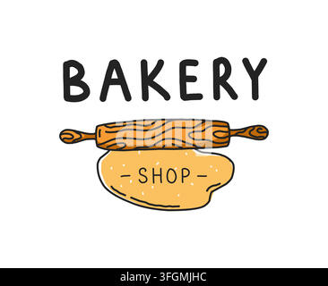 Bakery shop logo. Hand drawn rolling pin and dough badge, baking business identity logotype, fresh bread production, pastry retail and kitchen branding. Vector cartoon flat style isolated illustration Stock Vector
