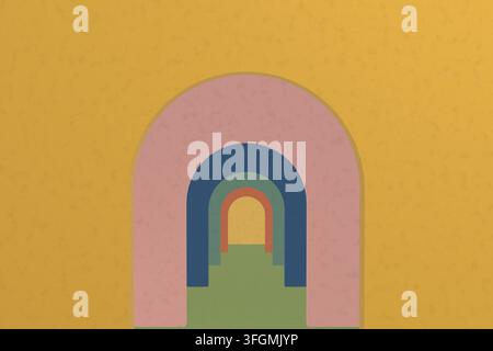 Abstract geometric corridor illustration with retro color palette created in Blender Stock Photo