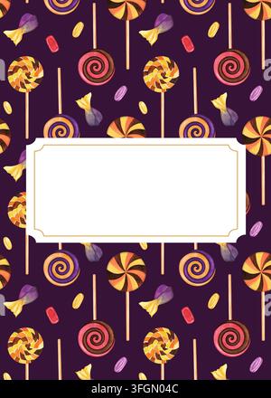 Halloween seamless pattern with lollipops on sticks, wrapped candies and dragees on a dark background with a white text frame. Hand painted watercolor Stock Photo
