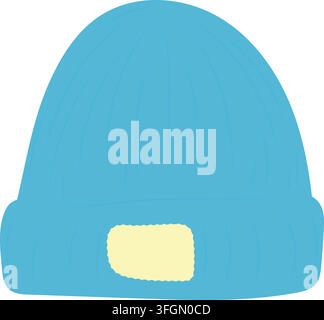 Cute blue knitted winter beanie with a wide cuff and small yellow decorative patch. Hand drawn flat vector illustration with simple colorful shapes an Stock Vector