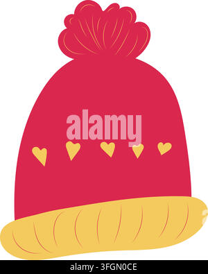 Cute burgundy red knitted winter beanie decorated with small heart motifs and a contrasting yellow cuff. Hand drawn flat vector illustration with a pl Stock Vector