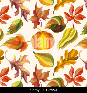 Autumn seamless pattern. pumpkins and fall leaves pattern. Stock Vector