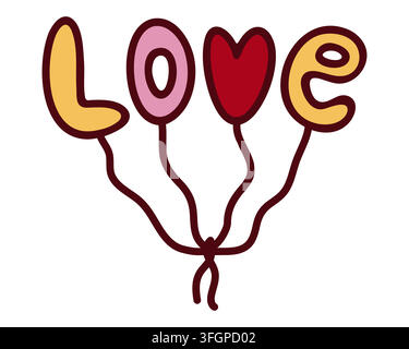 Love lettering balloons bouquet with heart. Romantic Valentine day party vector illustration. Doodle Stock Vector