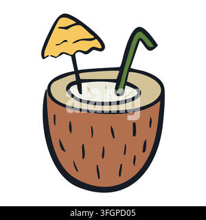 Tropical coconut cocktail, umbrella and straw. Doodle. Summer beach party drink vector illustration Stock Vector