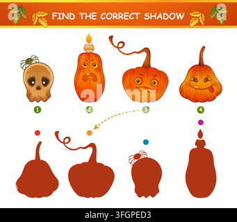 Halloween pumpkin lanterns find correct shadow silhouette shape. Child education puzzle game. Holiday monster character, skull. Kid learning worksheet Stock Vector