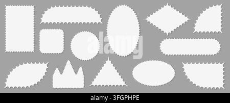 Pack of scalloped white postage frames isolated. Outline border template. Simple minimalist label text box. Blank scallop edge stamp mockup. Vector il Stock Vector