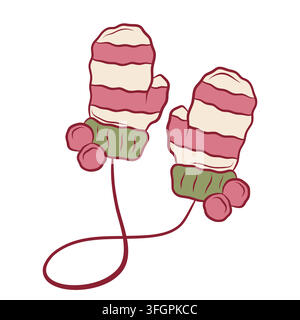 Vector illustration of striped winter mittens with connecting cord Stock Vector