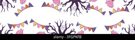 Seamless vector border with Halloween branches, spiderwebs and bunting Stock Vector