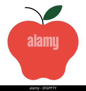 Red apple icon with green leaf and curved stem in minimal flat style. Vector isolated illustration on white background Stock Vector