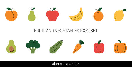 Fruit and vegetable icon set with twelve colorful fresh food elements. Flat vector illustration on white background Stock Vector