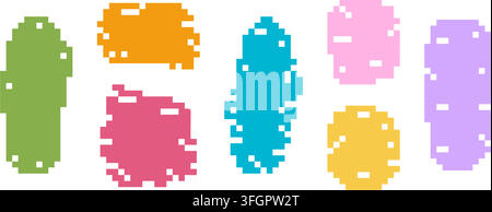 Set of colorful geometric shapes with pixel texture isolated on white background. Simple pixelated design elements for 8 bit arcade computer game. Vector flat illustration. Stock Vector