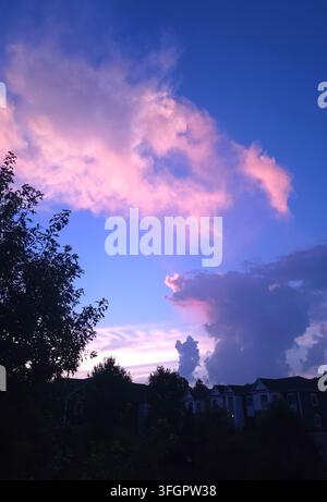 Pink and purple storm clouds glowing in a blue evening sky at sunset Stock Photo
