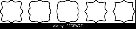 Set of wavy square shapes. Geometric forms with curvy borders. Blank scalloped boxes, labels, tags, quality or certified marks isolated on white background. Vector graphic illustration. Stock Vector