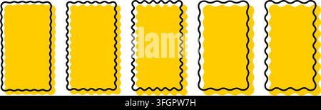 Set of yellow wavy rectangle shapes with black thin line borders. Empty rectangular text boxes, tags or labels isolated on white background. Collage design elements. Vector graphic illustration. Stock Vector