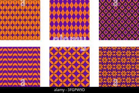 Set of Halloween or Thanksgiving Day patterns in purple, orange and black colors. Collection of tablecloth, plaid or wrapping paper prints. Autumn theme textile designs. Vector flat illustration. Stock Vector