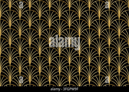 Repeated gold fan, shell, palm or scallop pattern on black background. Elegant luxury wallpaper in nouveau or artdeco style. Premium geometric print. Golden abstract ornament. Vector illustration. Stock Vector